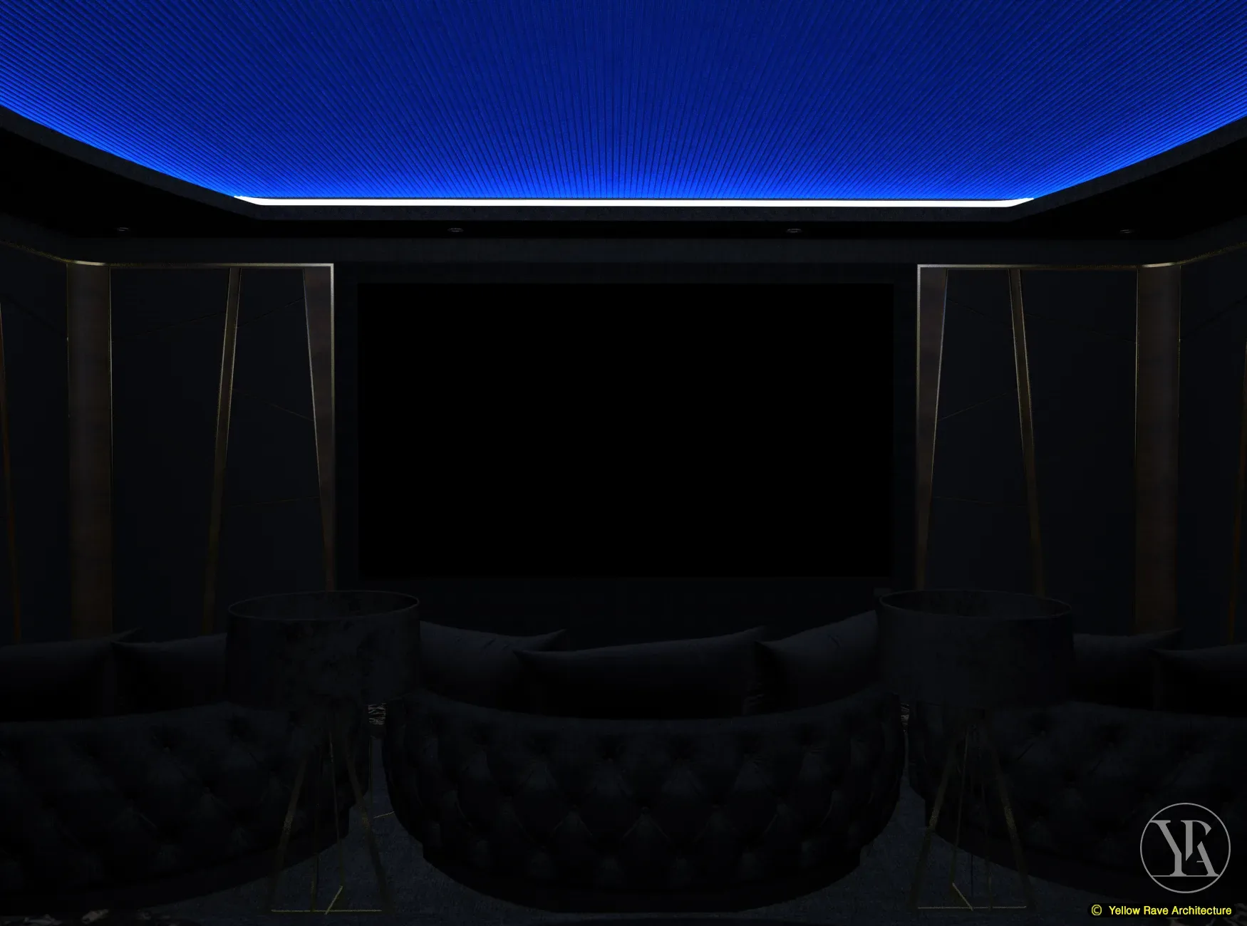 Lounge Home Cinema — projection screen showing a film with gold timber fins, amber backlighting and deep blue dome ceiling above