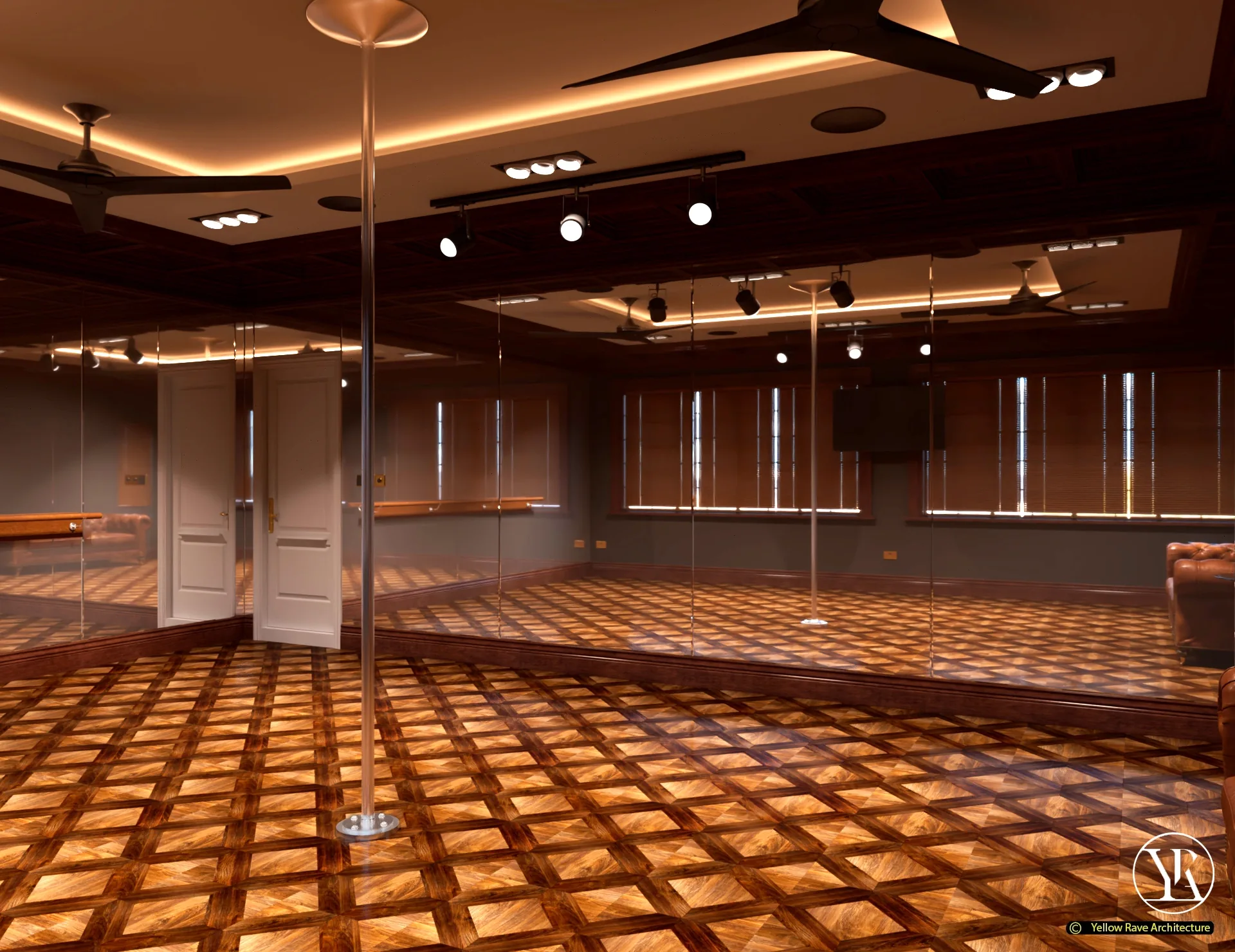 Home Dance Room Studio — full room render showing diamond parquet floor, mirror wall, dance pole, Chesterfield sofa and white wardrobe unit