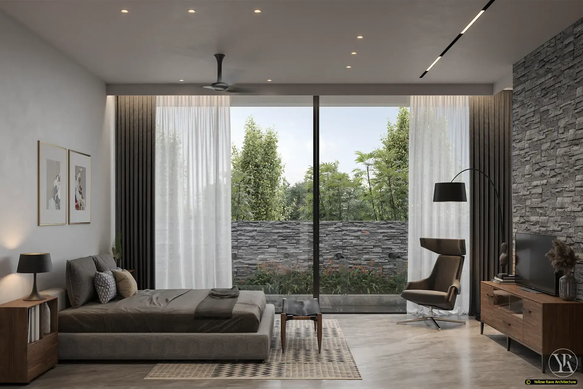House of Views — front exterior render showing white render over grey stone base, timber screen panels and gate, with city in the background