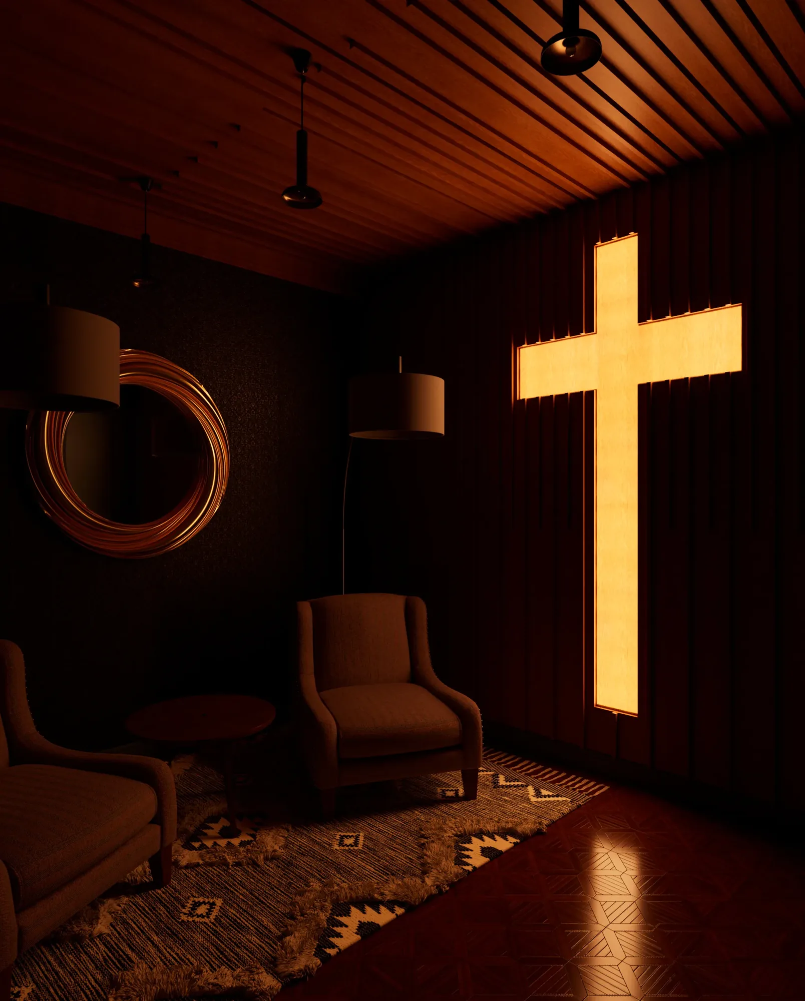Prayer Room — grey-green storage cabinet unit with gold handles and panelled door beside entry, parquet timber floor