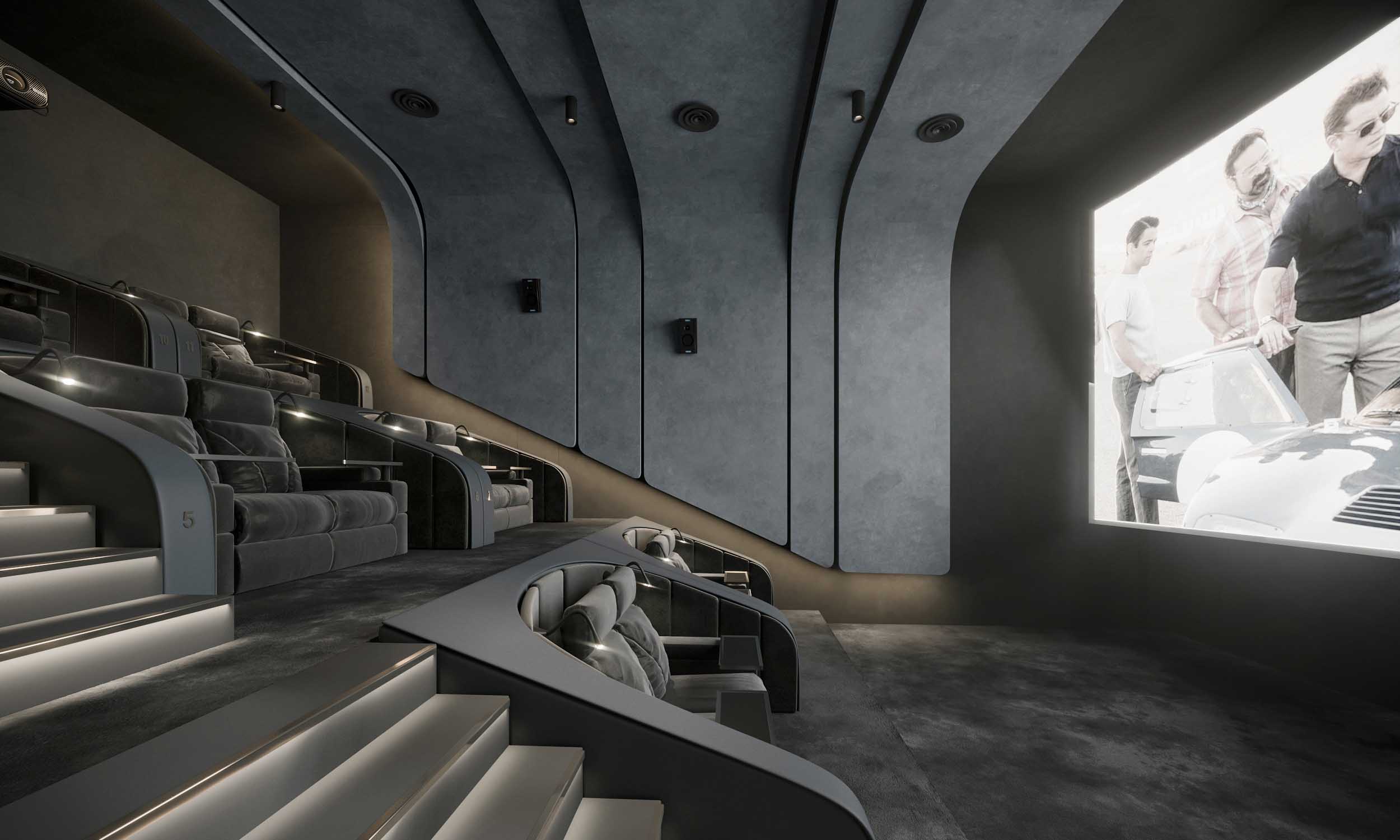 Cinema — large auditorium aisle view with grey upright seats and purple and white LED wall lighting strips