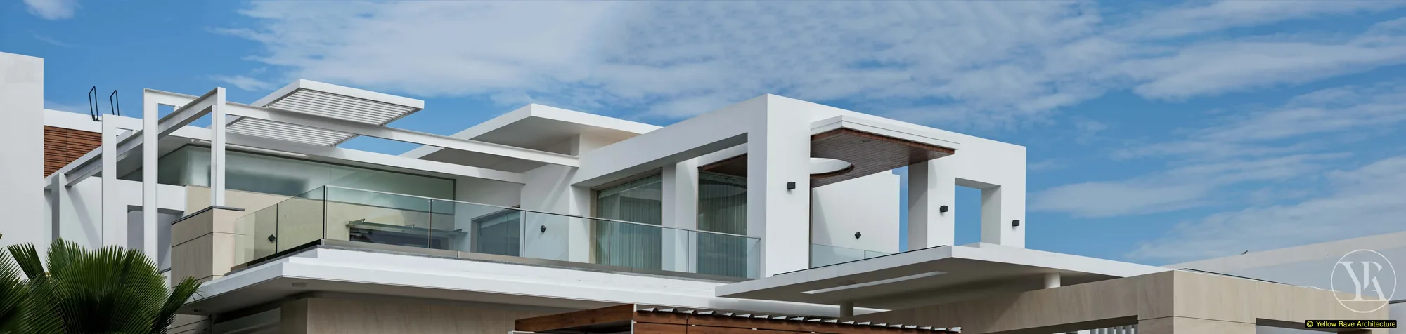 Nyali Residence — close-up of upper storey showing white louvred pergola panels, glass balustrade and palm frond in foreground