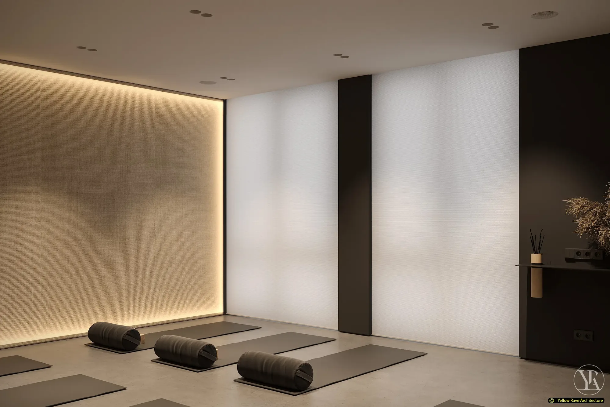 Yoga with Friends — dark vanity washroom with round backlit mirror, vessel basin on floating plywood shelf and two woven storage baskets below