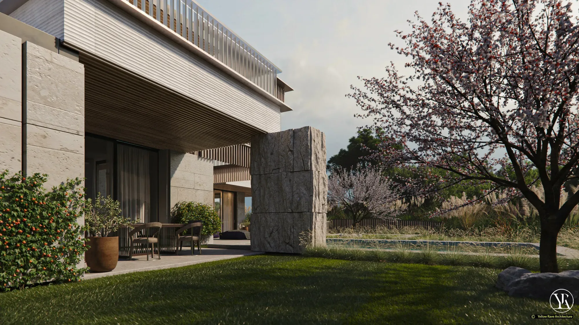 Heavy Stone — night render showing pool lit in foreground with cherry trees and illuminated building facade behind