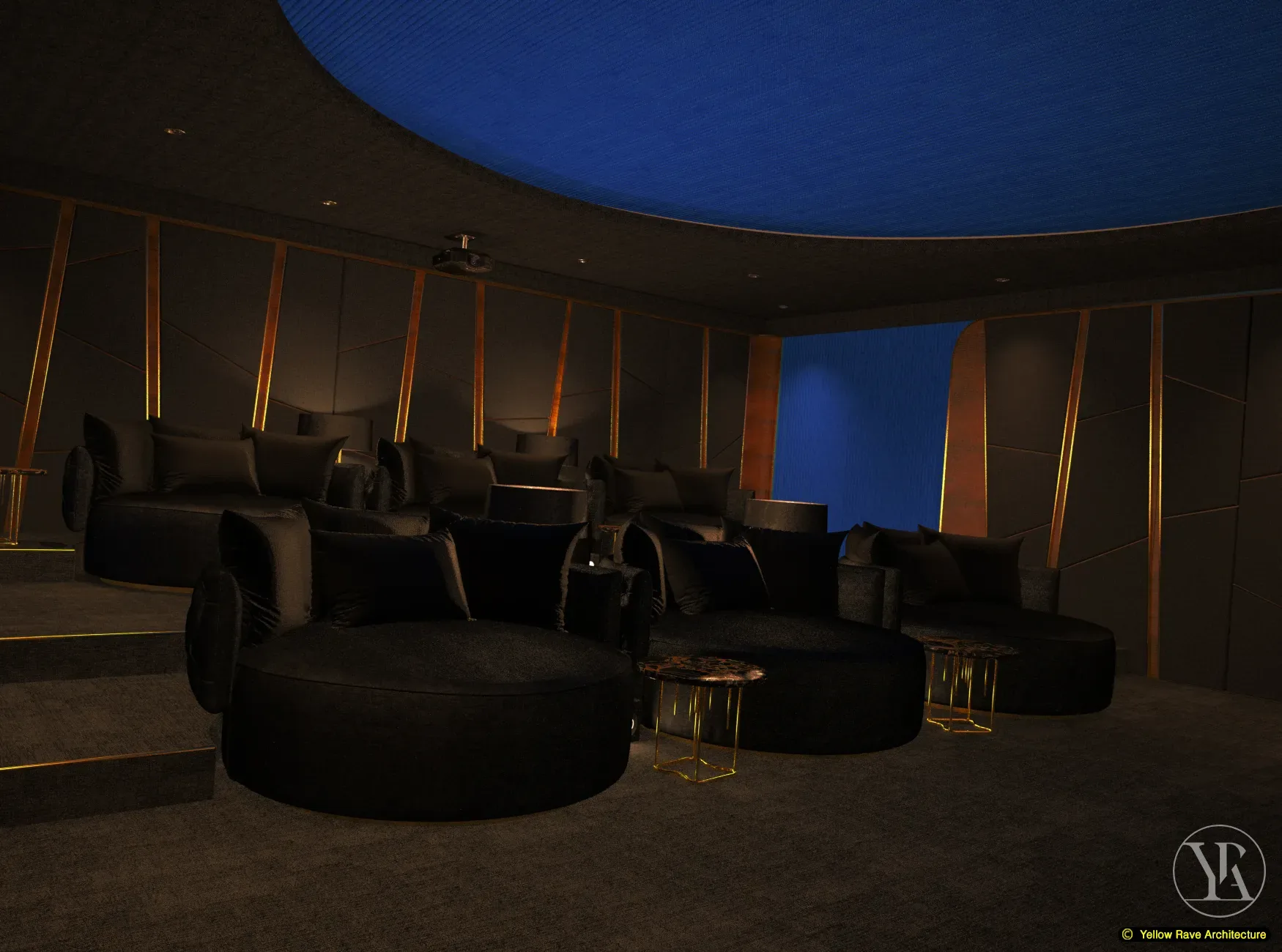 Lounge Home Cinema — projection screen wall in darkness flanked by gold timber fins with amber backlighting and gold drum shade floor lamps