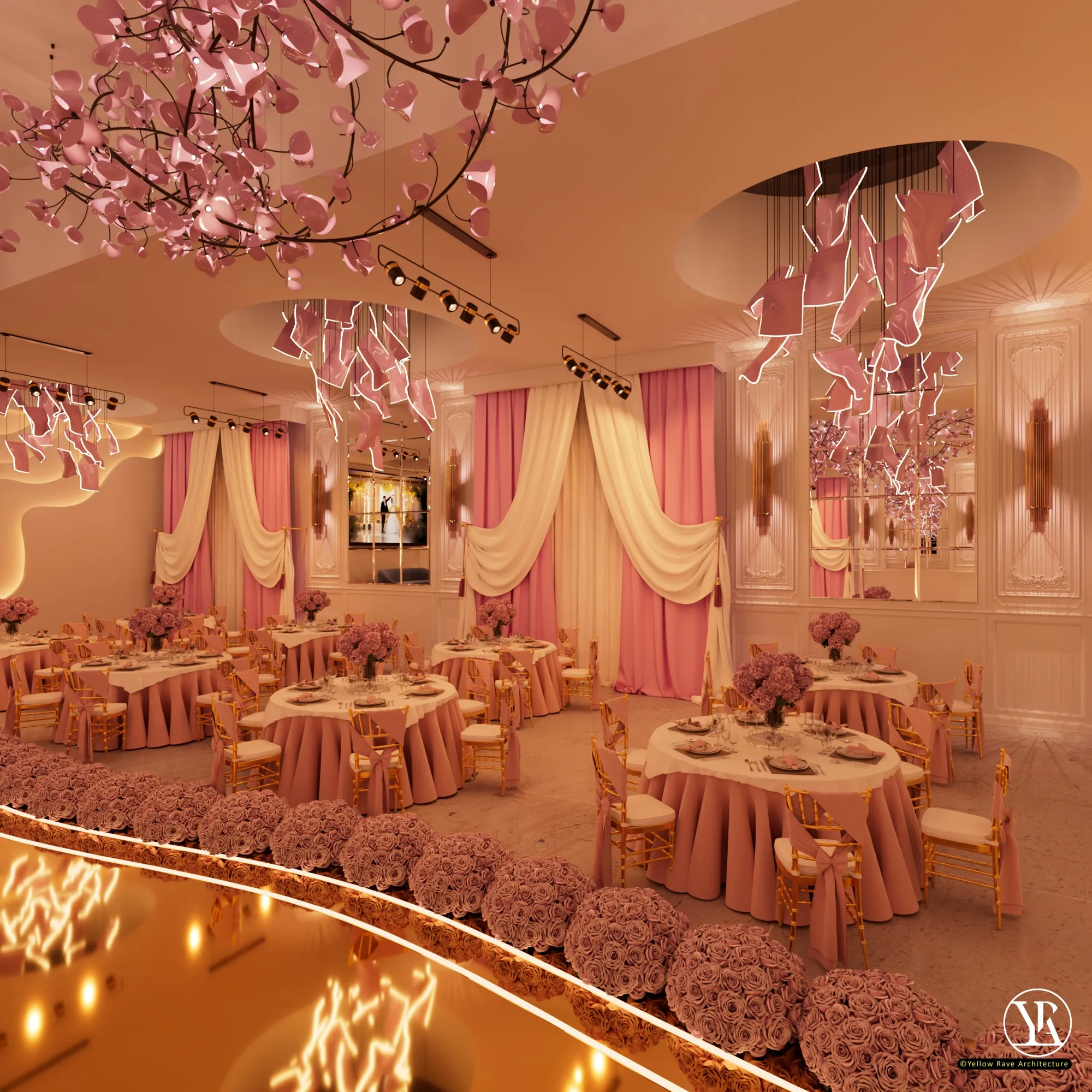 Wedding Hall — curved wave-patterned feature wall with integrated cove lighting and classical mouldings