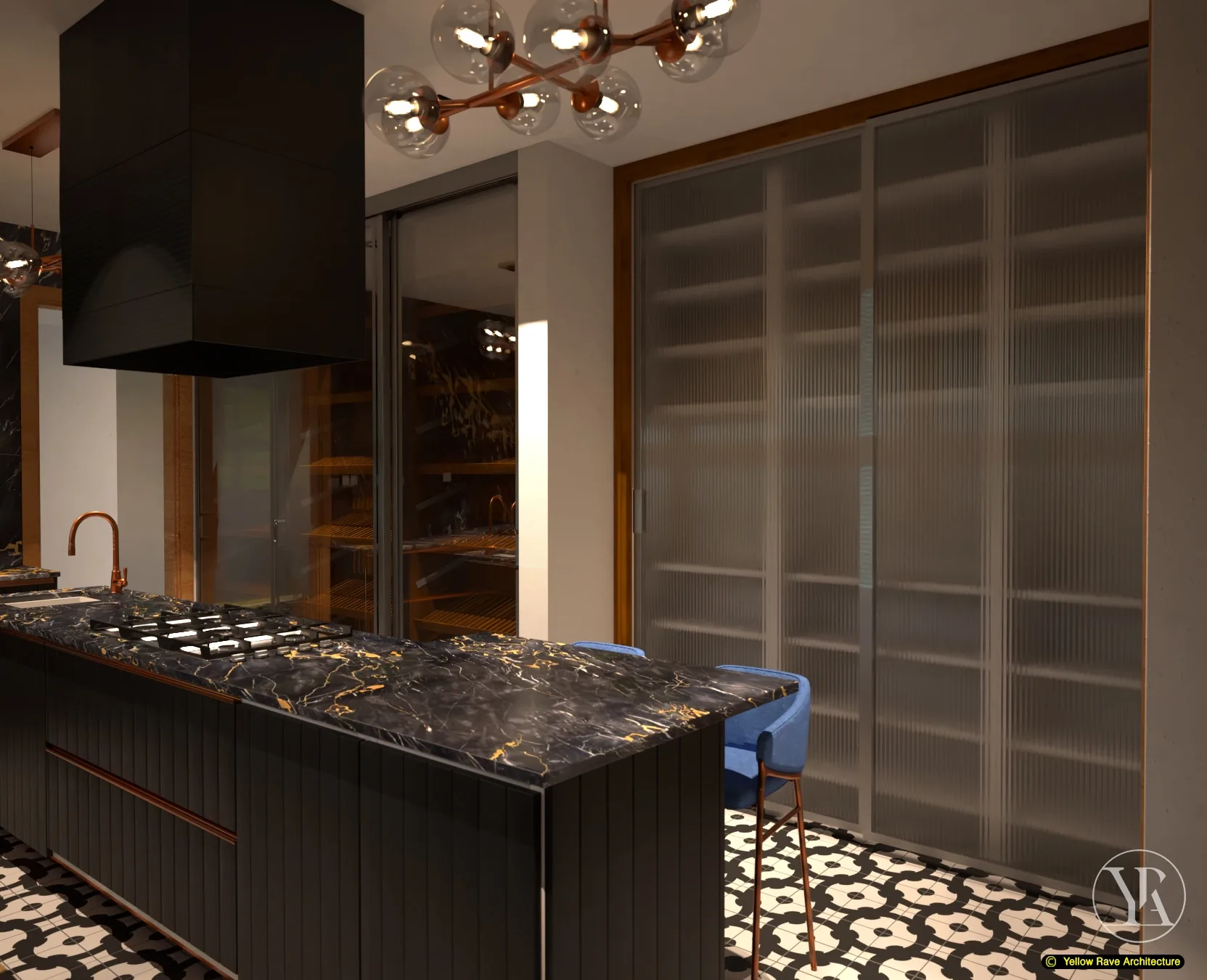 Luxury Dark Kitchen — kitchen worktop detail showing full run of black and gold marble worktops, splash back, copper tap and white apron-front sink, Muthaiga