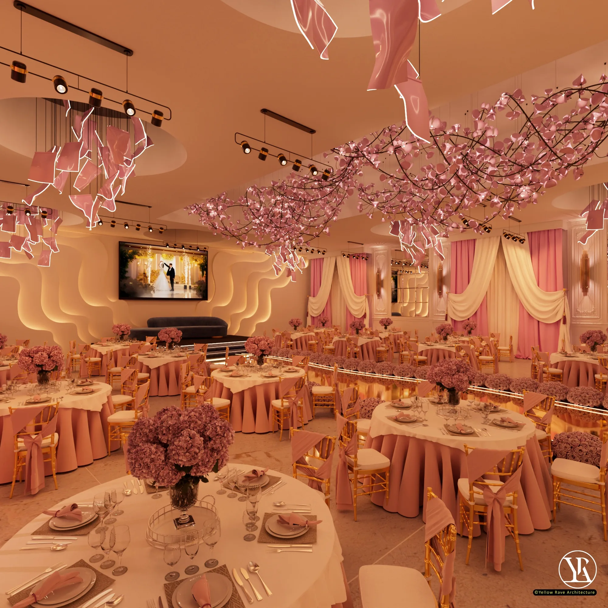 Wedding Hall — full-length view of the gold reflective aisle flanked by pink floral arrangements