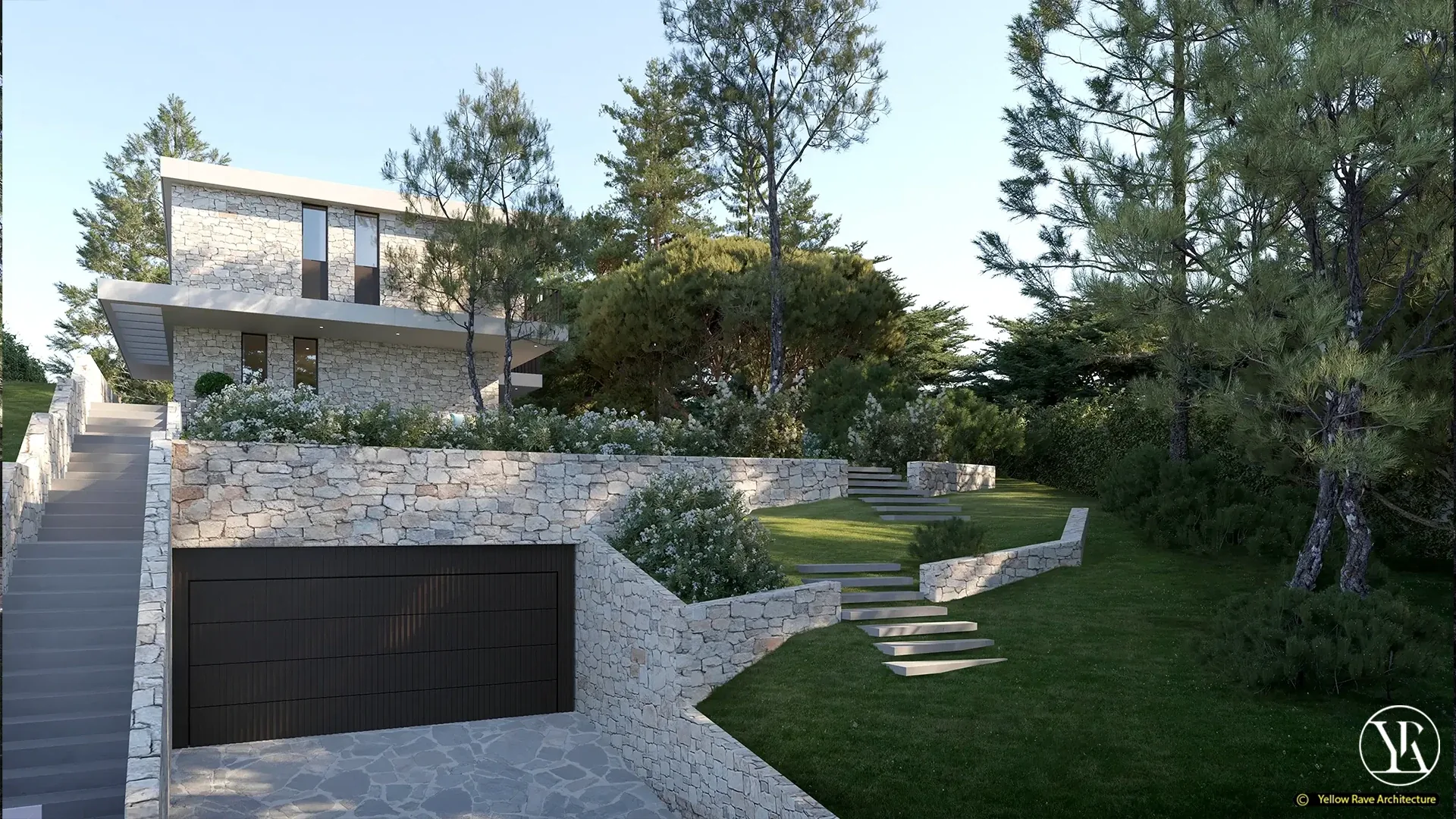 Naivasha House on a Hill — side approach view showing rubble stone exterior, garage door set into the lower retaining wall and stepped concrete paths through terraced lawn, concept render