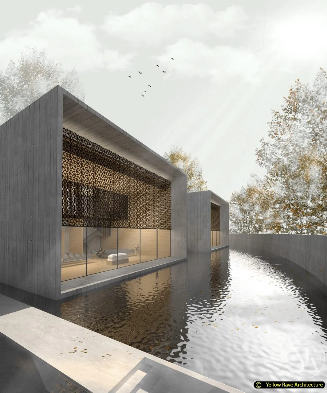 The Last Goodbye — exterior water courtyard looking into the glazed congregation hall volume through a bronze latticed screen, water channel in foreground, concept render