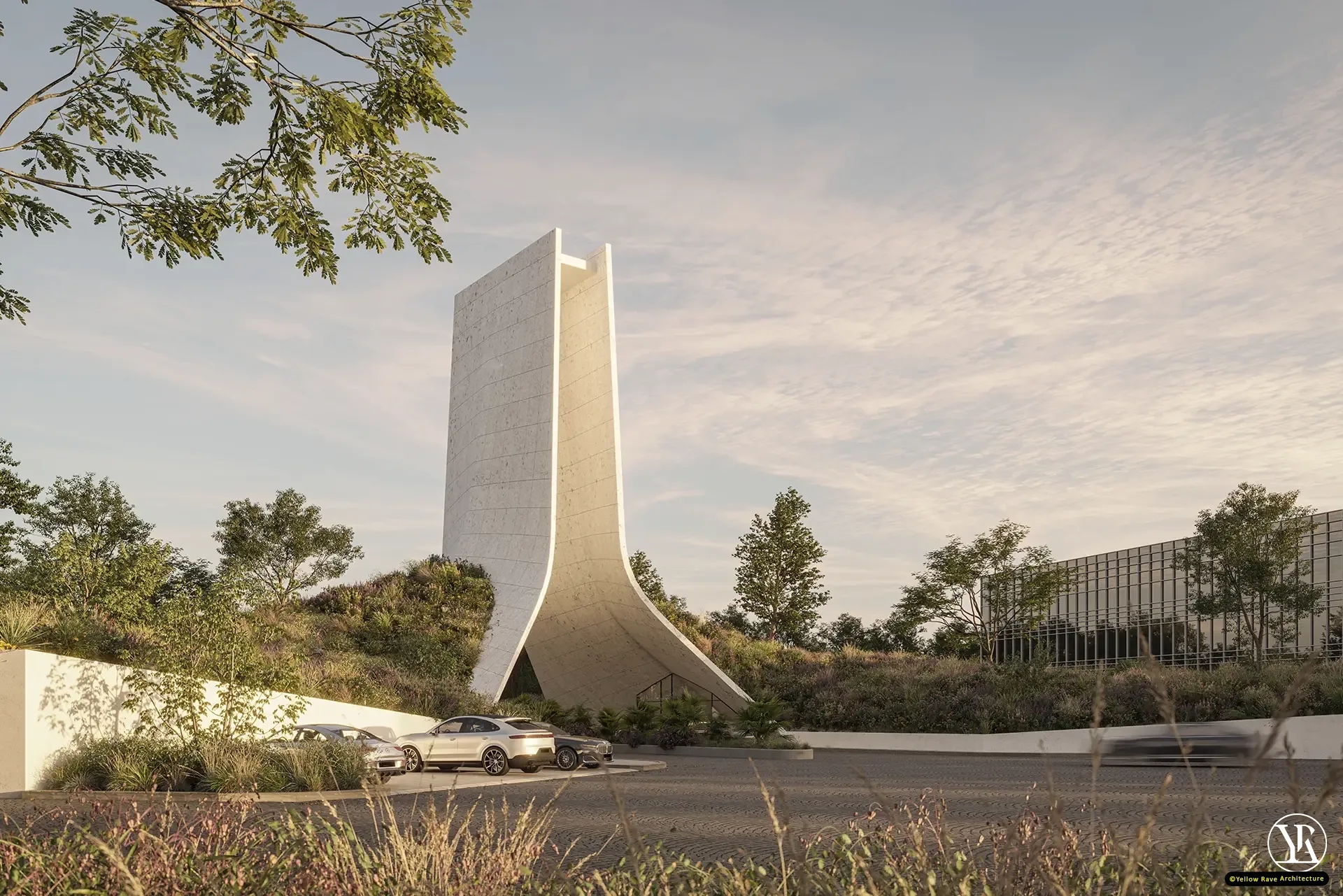 Monumental Gate — side-angle view showing the convex single-leg profile and narrow tapered base with landscaped berm in background, concept render
