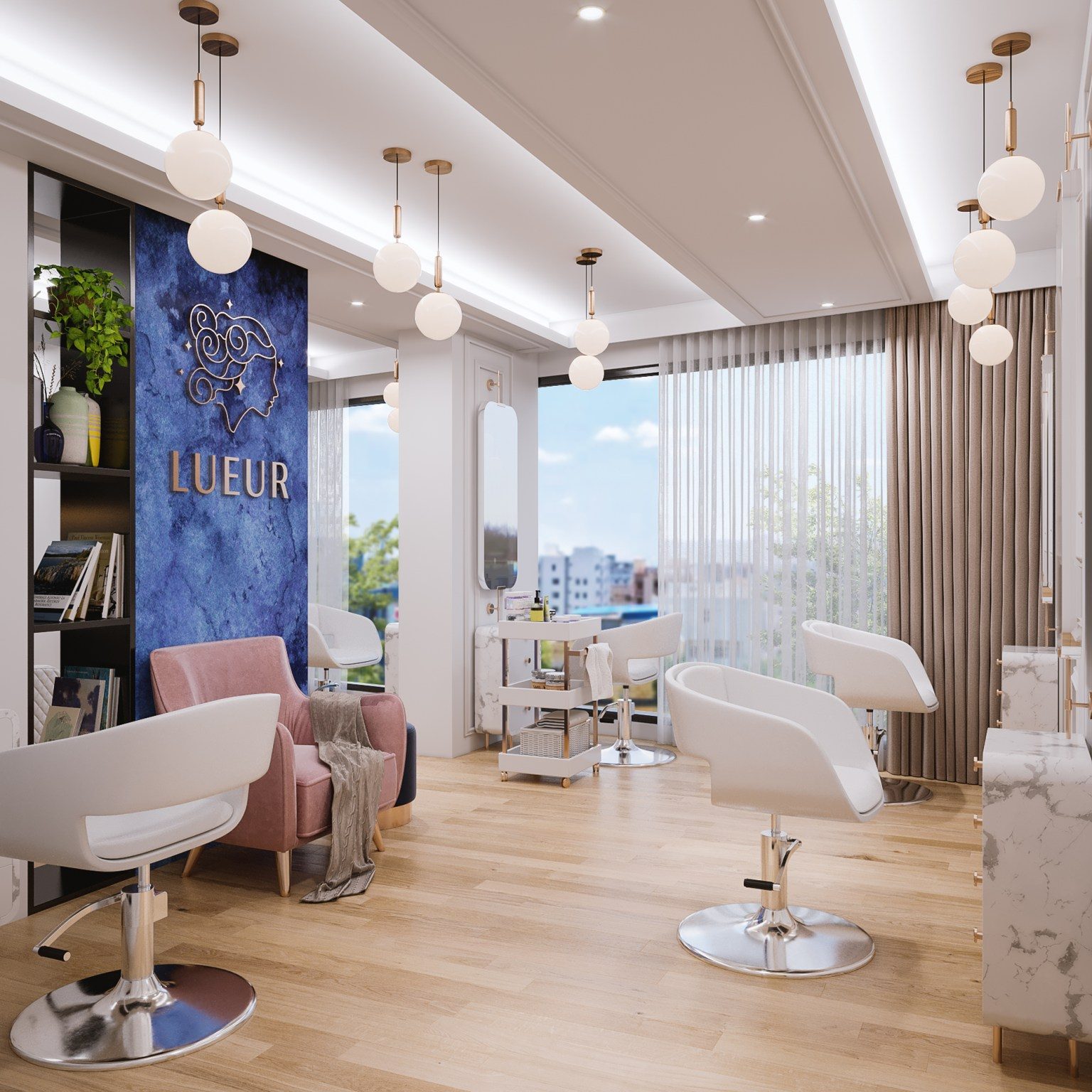 Lueur Salon — main styling floor with LUEUR cobalt velvet feature wall and globe pendants