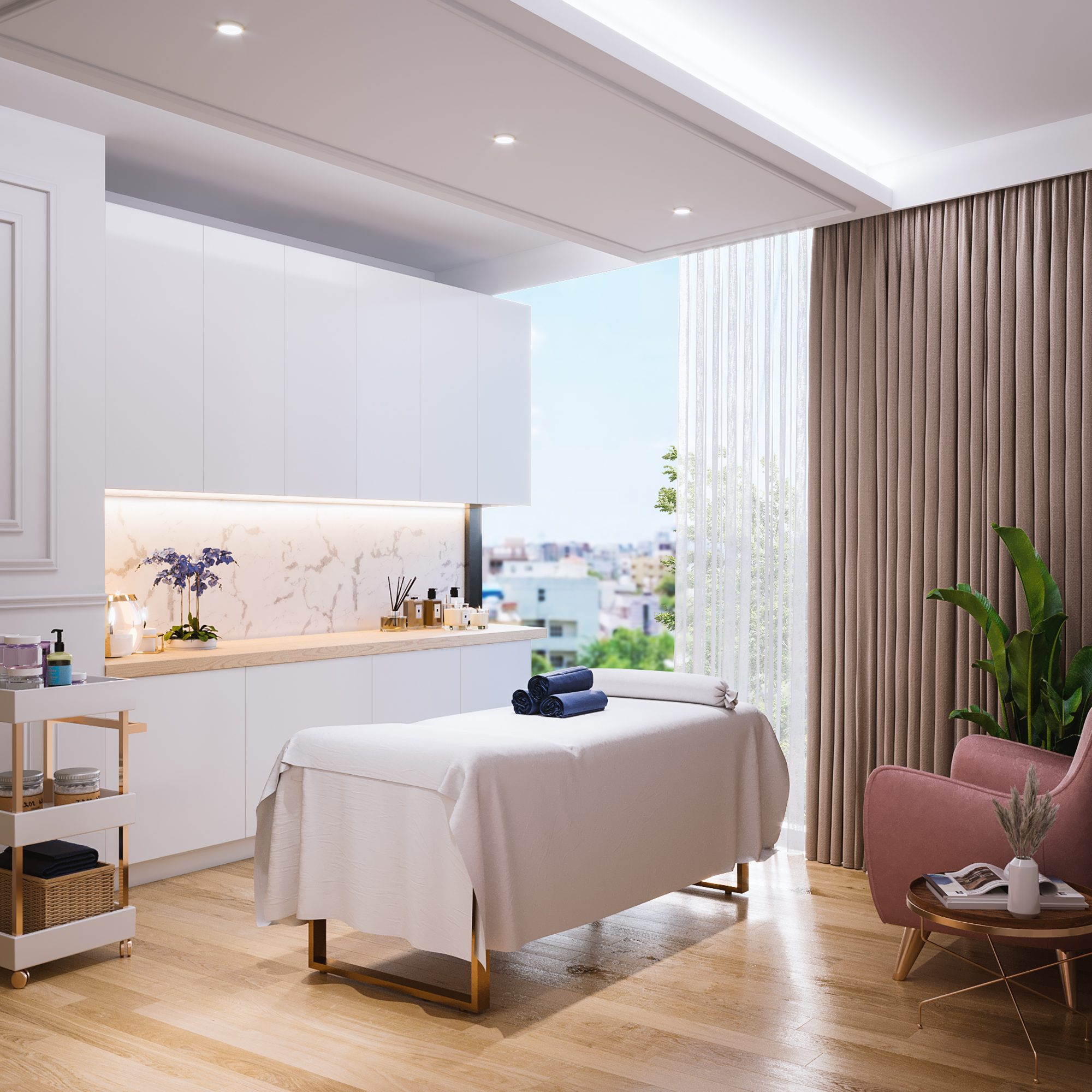 Lueur Salon — corridor view showing globe pendant rhythm and marble floor running the length of the salon