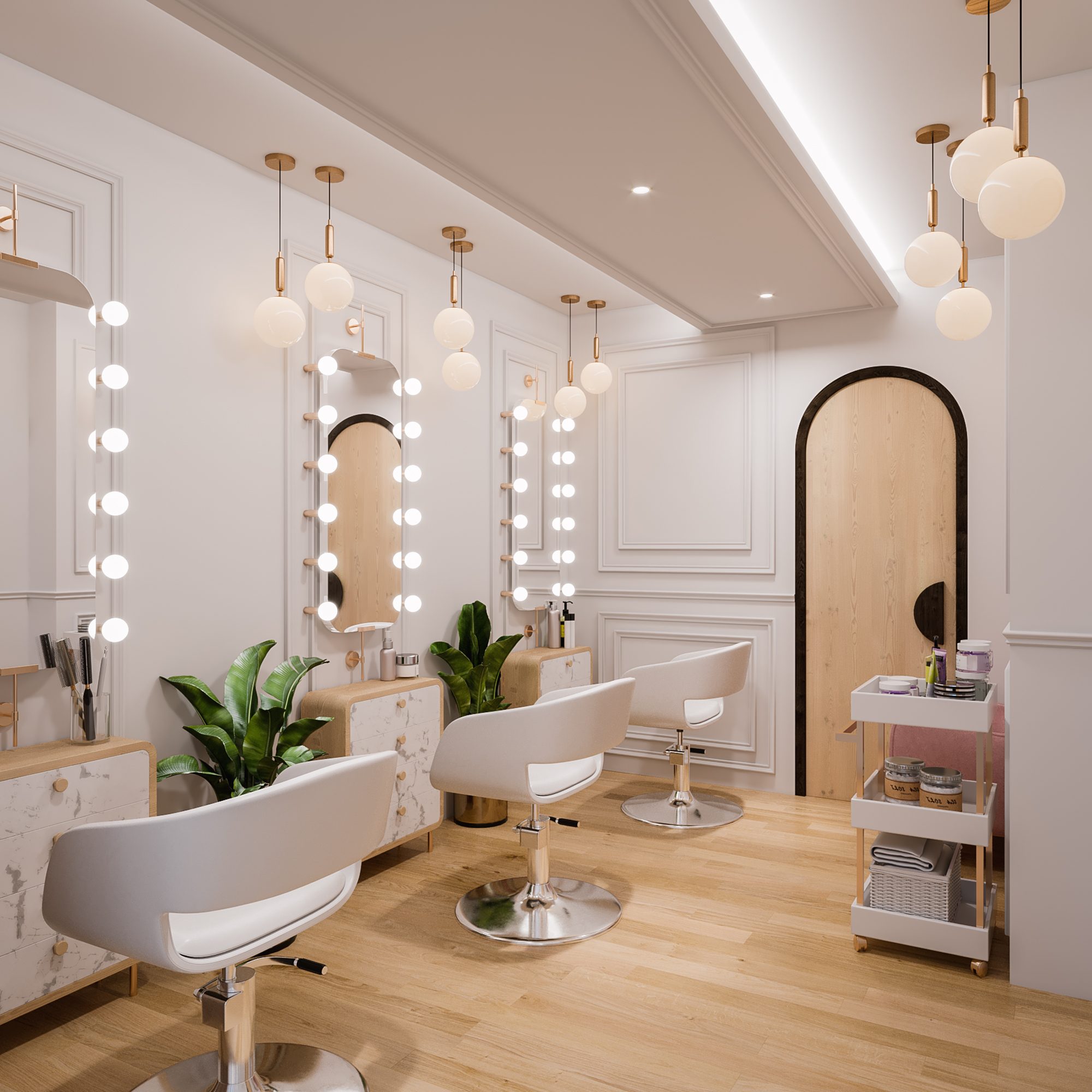 Lueur Salon — styling stations with backlit arched vanity mirrors and globe pendants