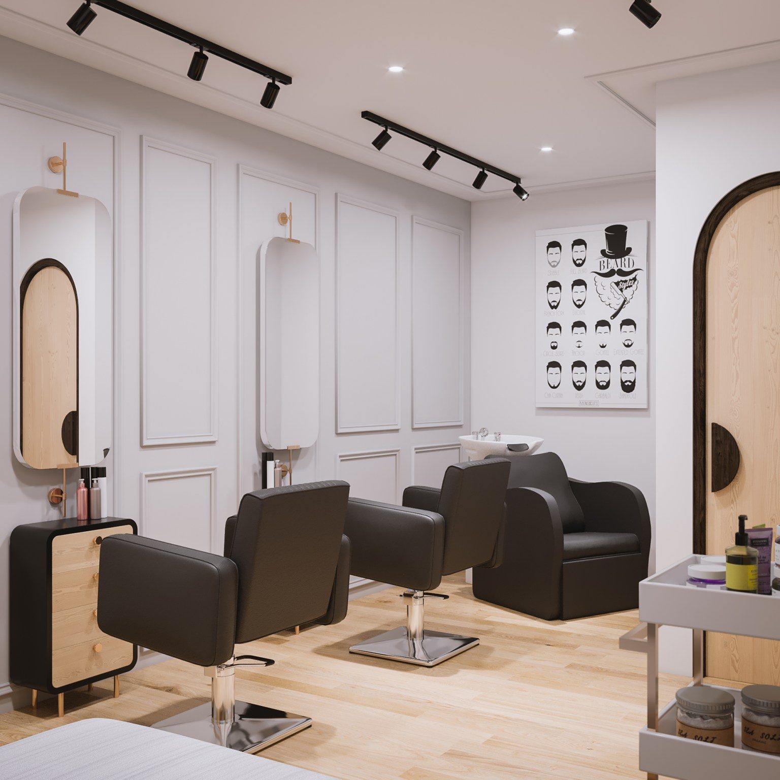 Lueur Salon — overview of the full styling floor showing globe pendants and backlit vanity wall