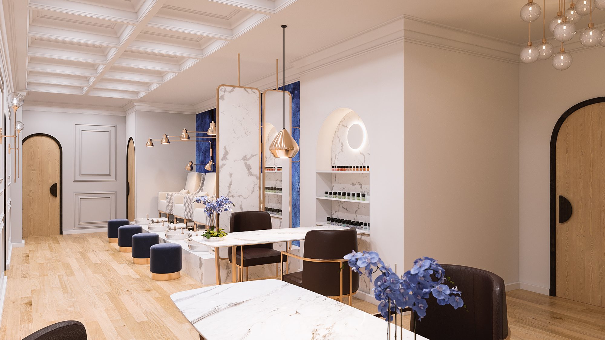 Lueur Salon — side elevation of styling stations with arched vanity mirrors and warm cove lighting