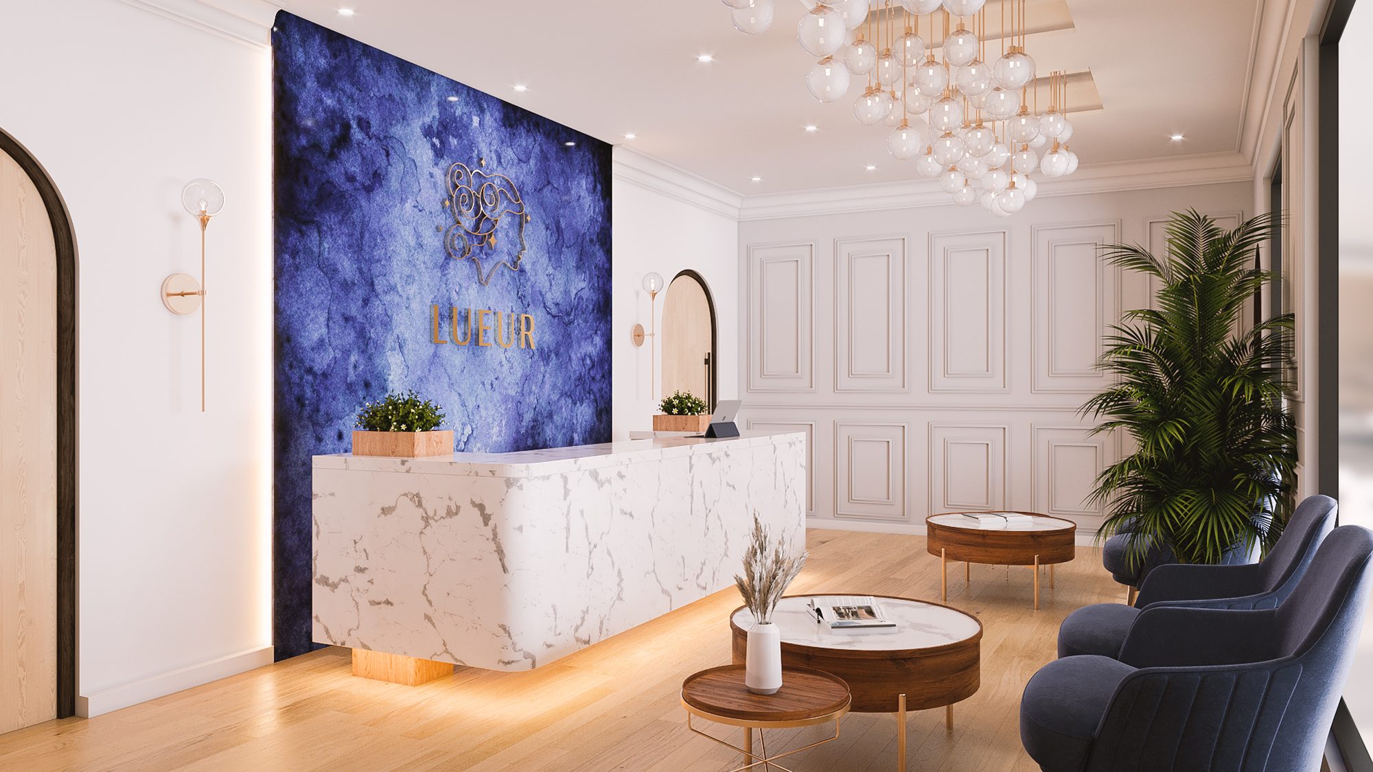 Lueur Salon — white lacquer reception desk with marble surface and brushed gold hardware