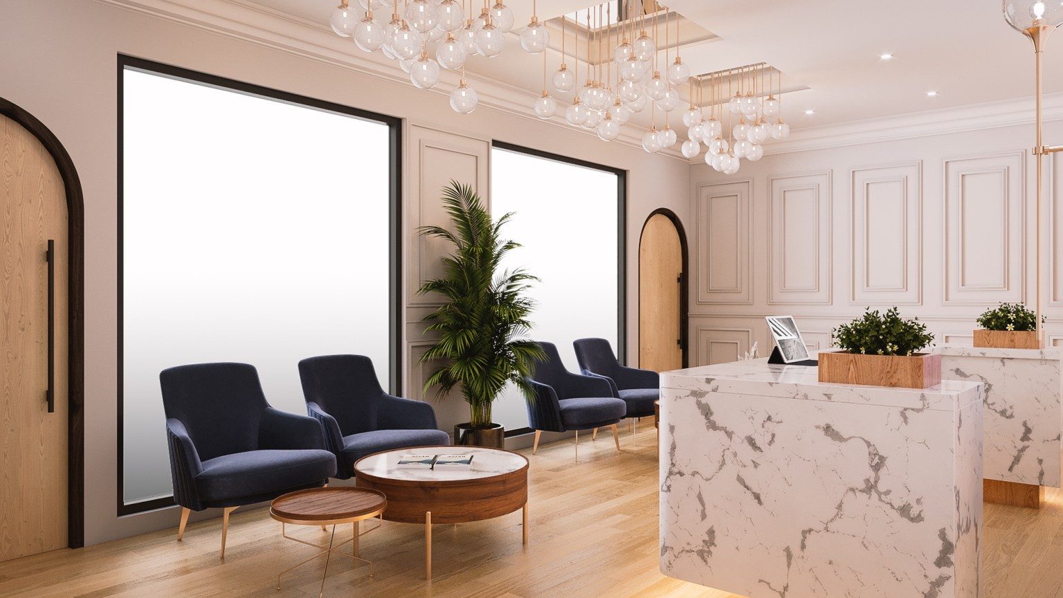 Lueur Salon — view from wash station zone toward the main styling floor through oak-arched opening