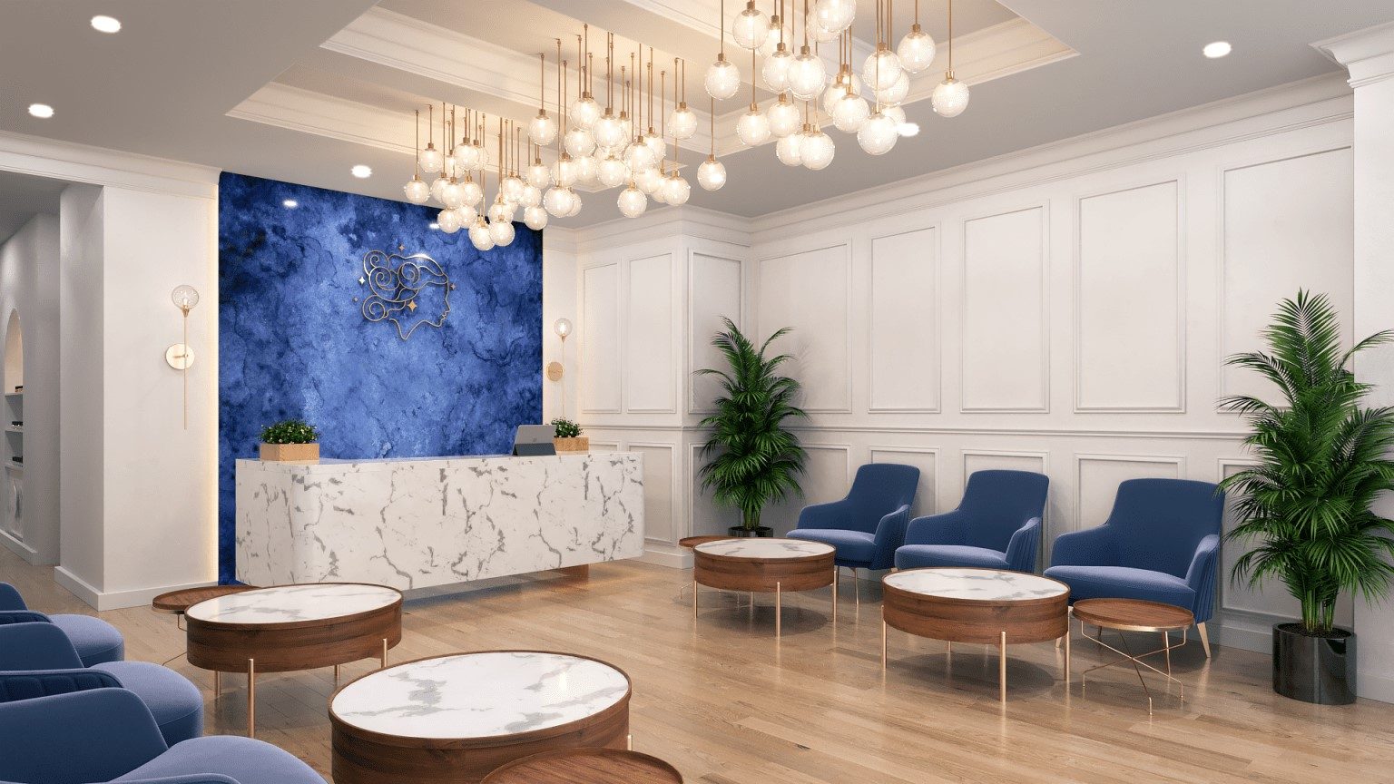 Lueur Salon — reception lobby with marble desk, cobalt velvet feature wall and statement globe chandelier