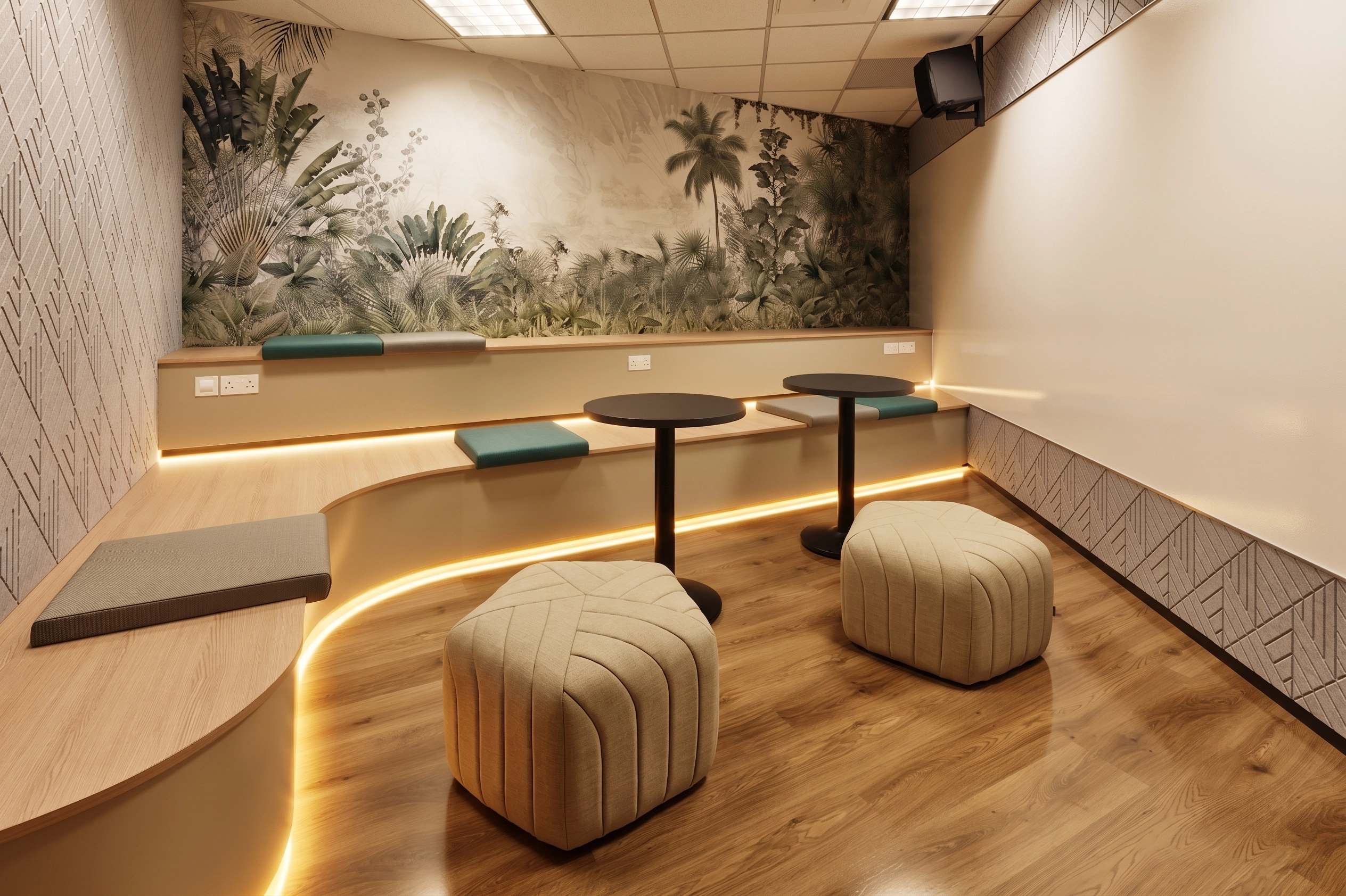 Booth seating room with a tropical mural, curved timber bench, bar tables, and fabric poufs