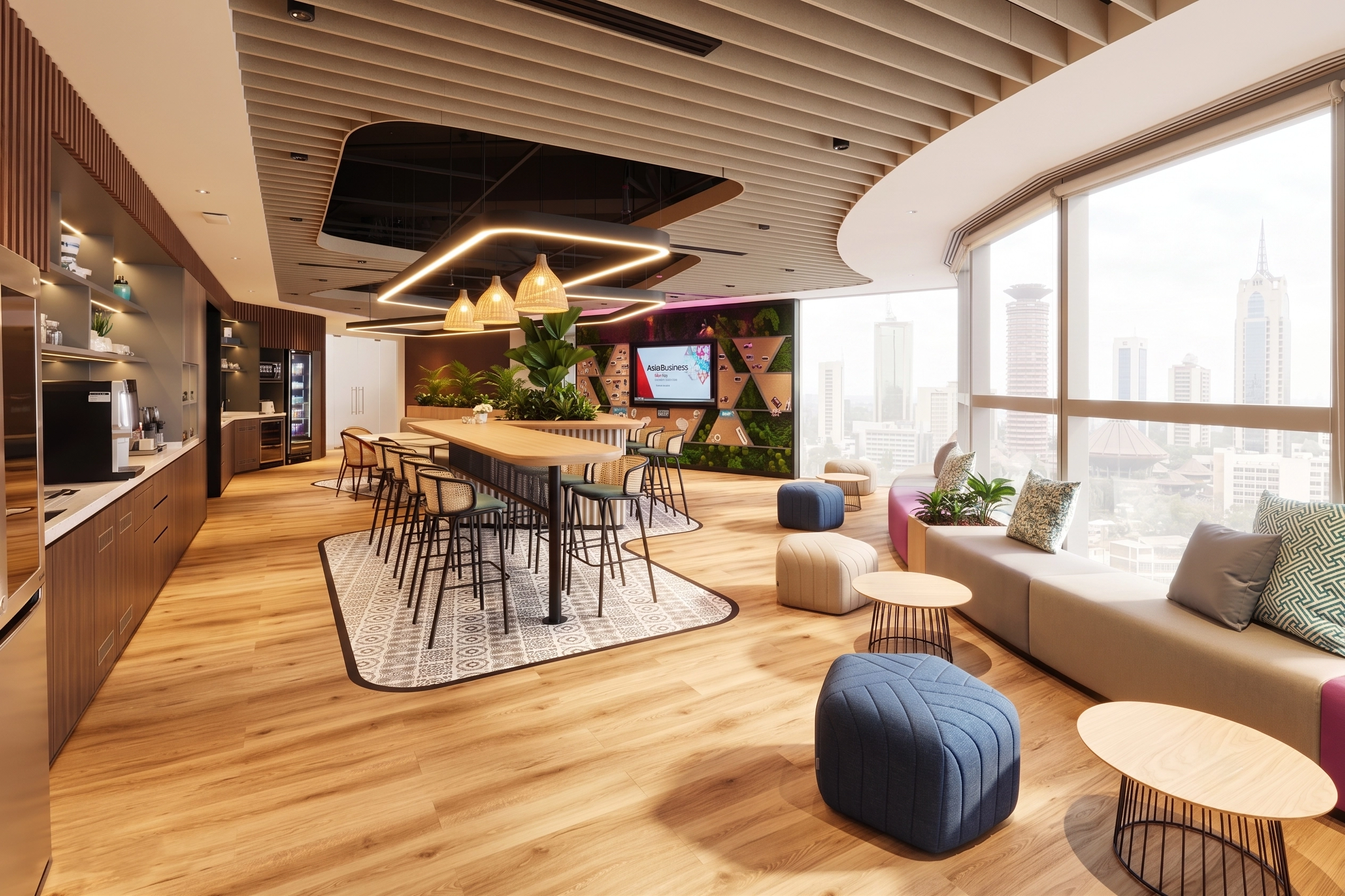 Open pantry and lounge with a long communal table, rattan stools, moss feature wall, and window seating