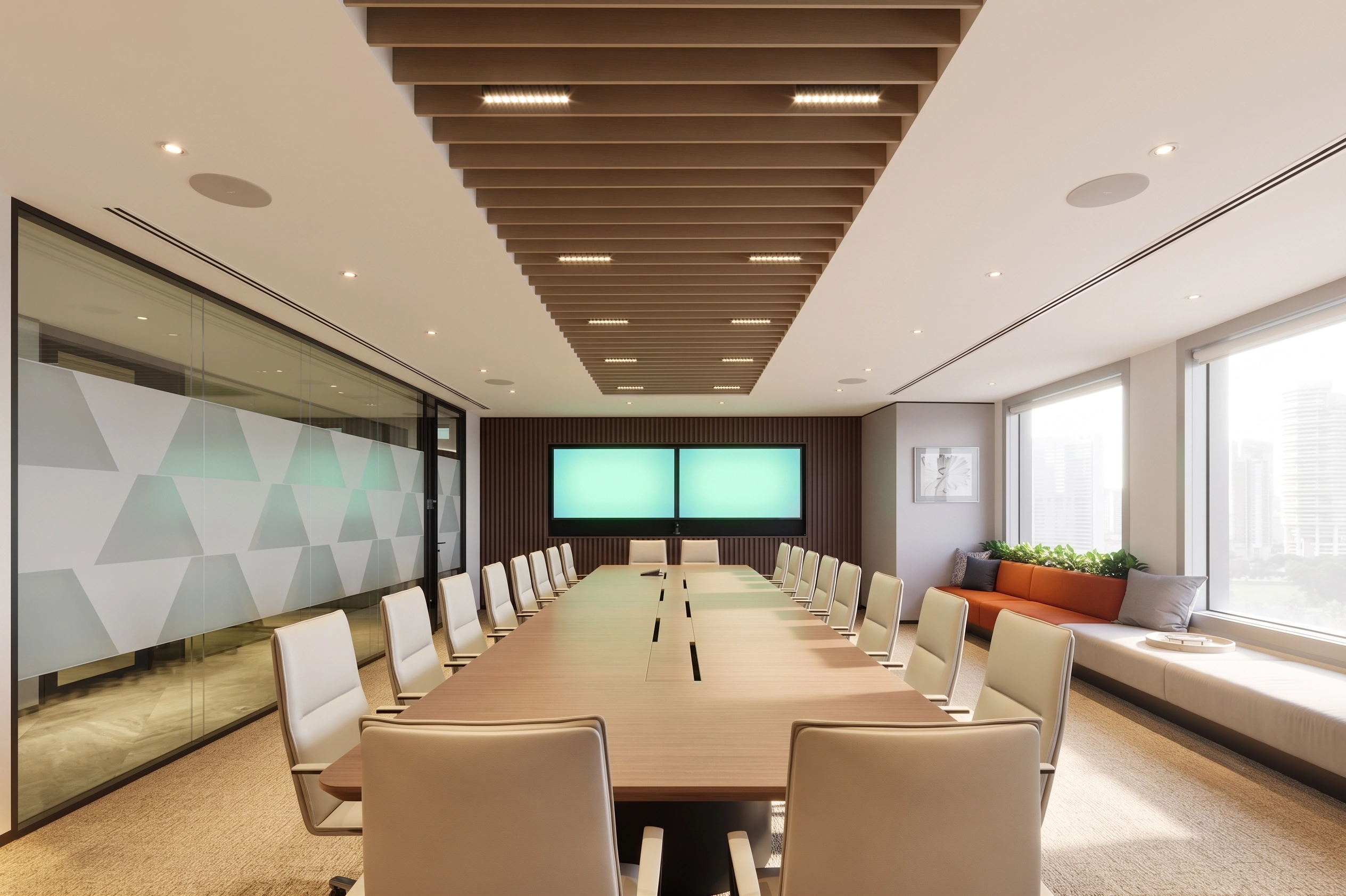 Boardroom with a long timber table, cream leather chairs, slatted ceiling, and window bench seating