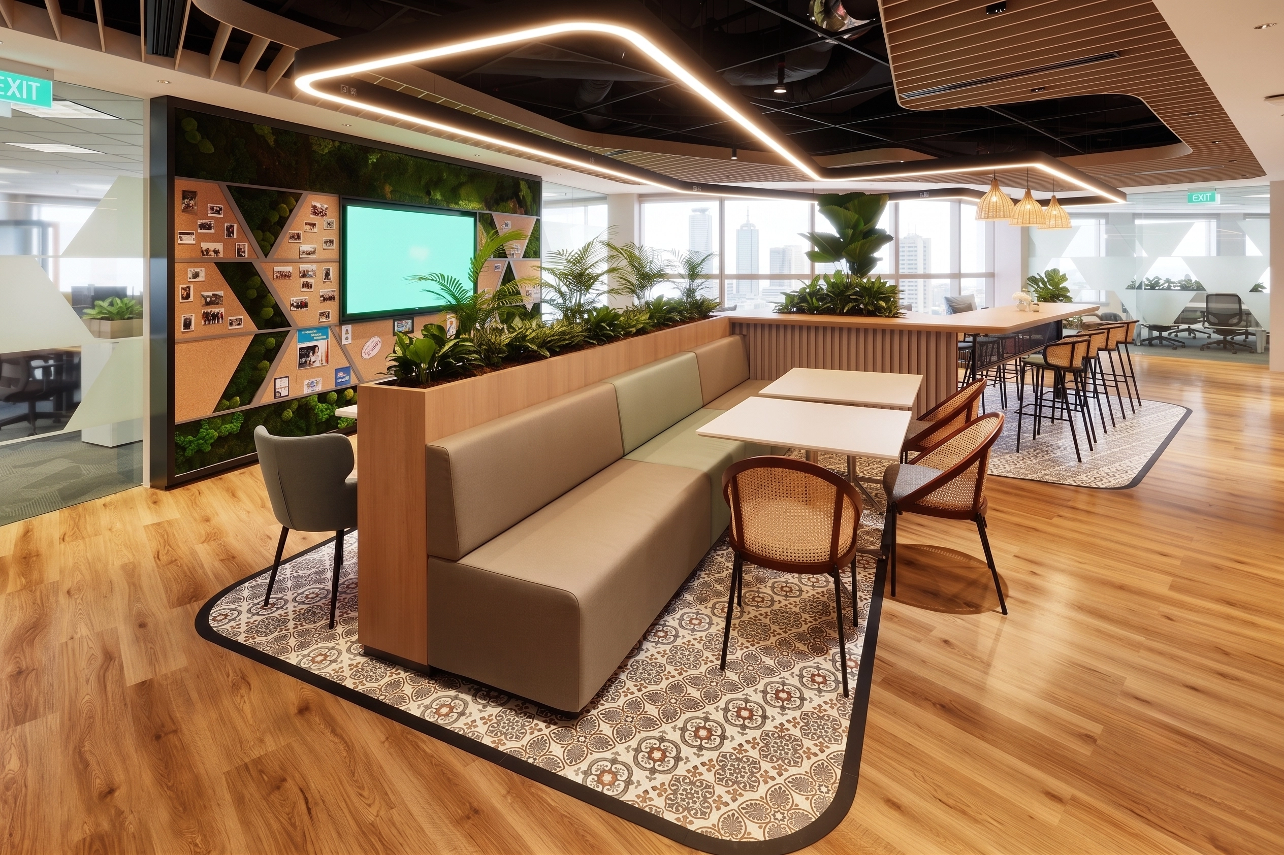 Café seating with a beige banquette, café tables, rattan chairs, a moss-and-photo wall, and a patterned tile floor