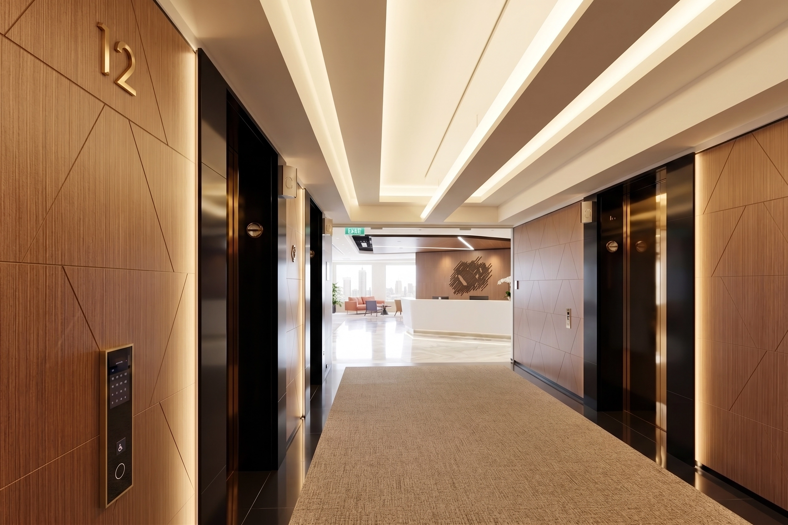 Lift lobby with timber-panelled walls, the floor number twelve in gold, and a view through to reception