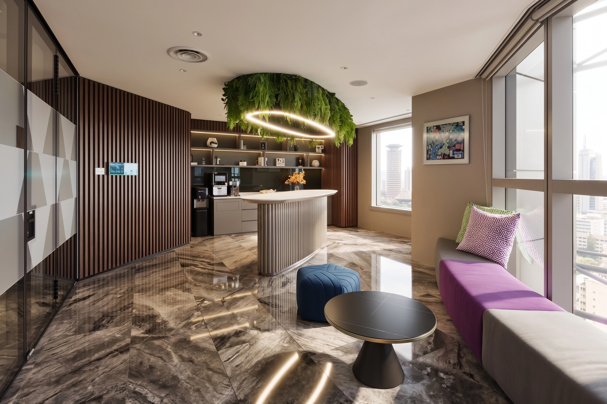 Pantry lounge with a curved ribbed counter, suspended ring of greenery with a circular light, and marble floor